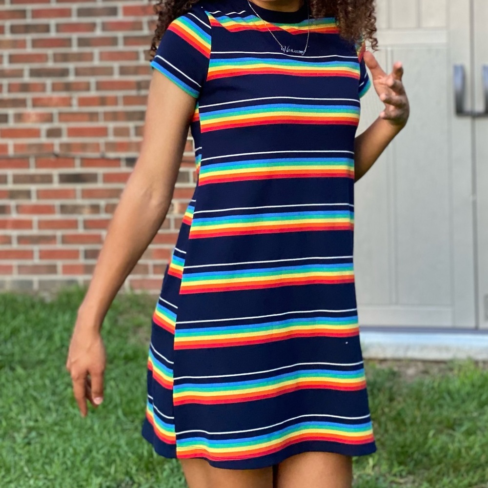 So Rainbow striped navy blue dress.